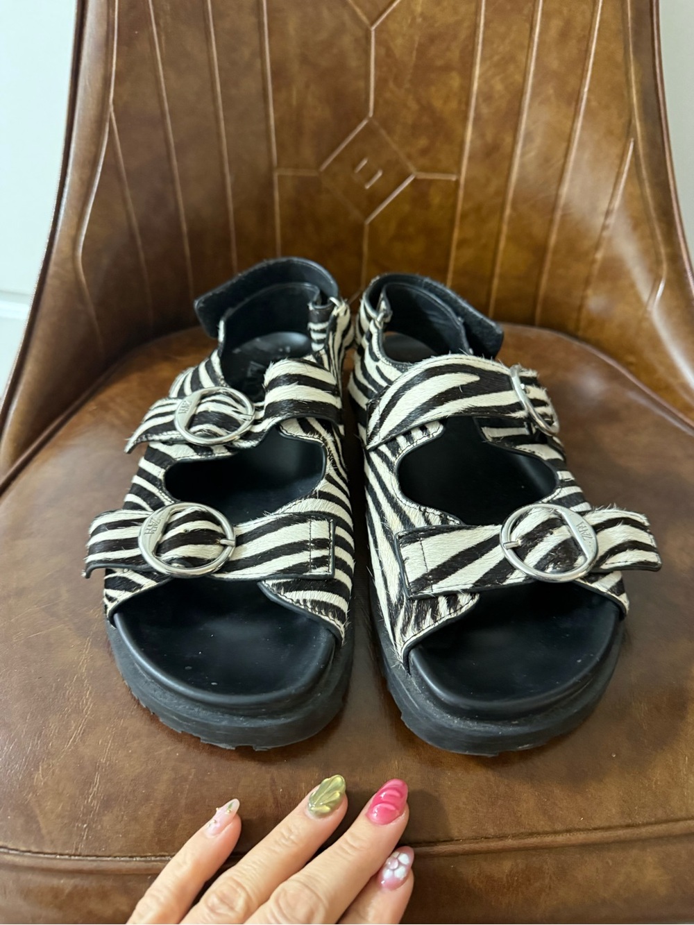 Zara Black and White Zebra Print Buckle Sandals